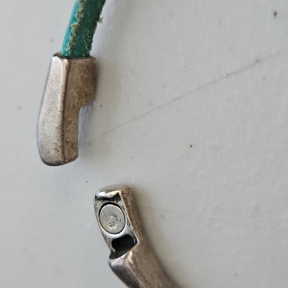 Teal Leather & Silvertone Metal Magnet Bangle Bracelet - Picture 5 of 5